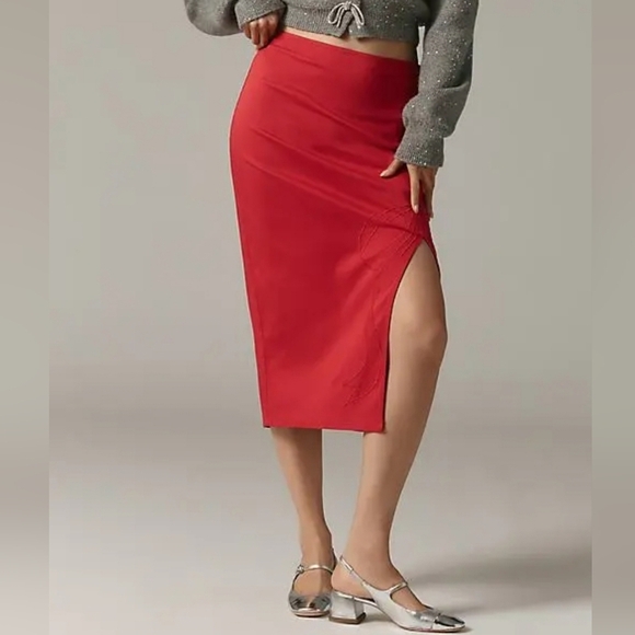 Anthropologie Maeve Bombshell Bow Midi Pencil Skirt In Red Size Large NWT - Picture 2 of 14